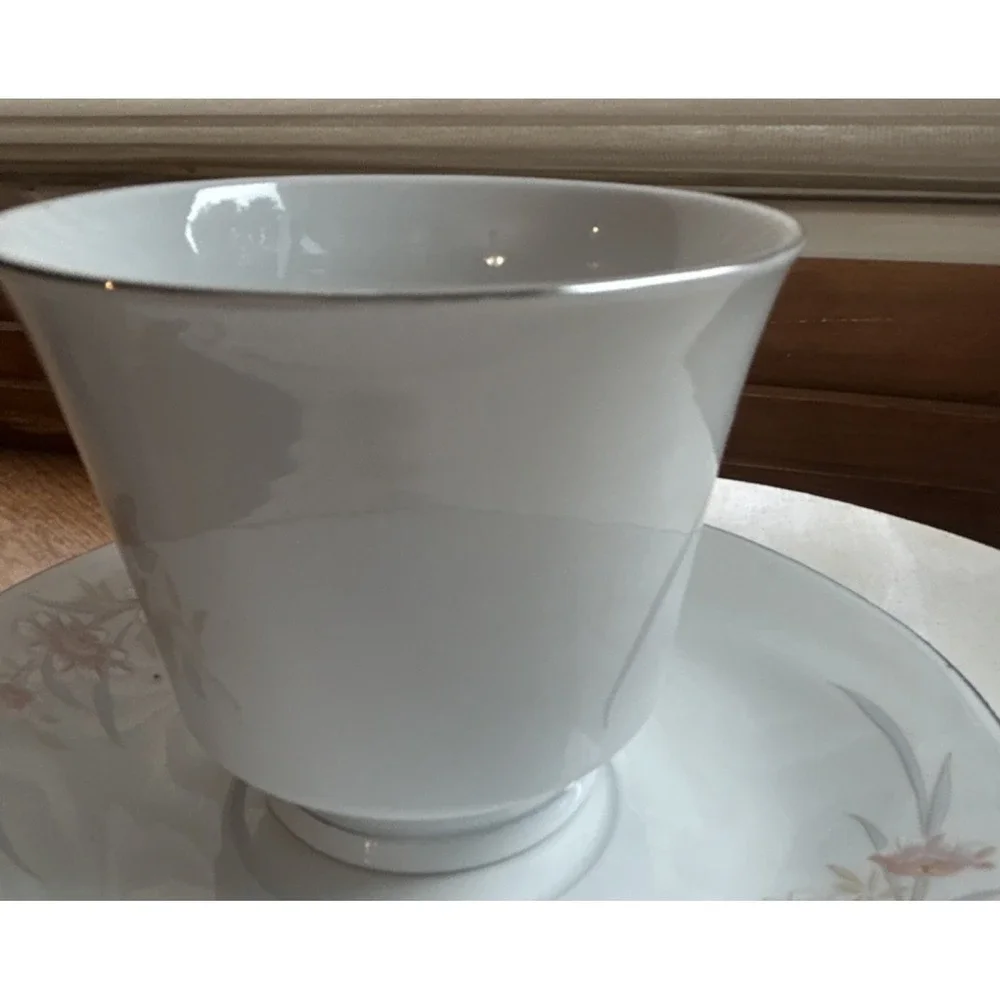 Porcelain Floral Painted Cup & Saucer Set White Pink Gray Two-Piece VTG